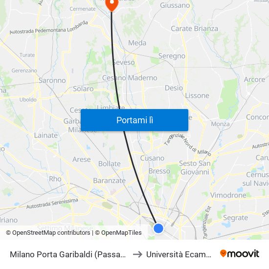 Milano Porta Garibaldi (Passante) to Università Ecampus map