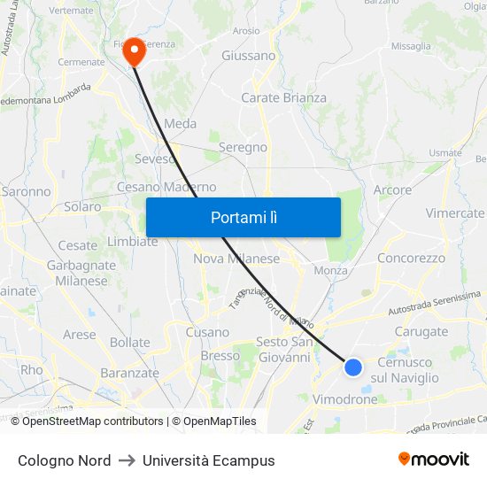 Cologno Nord to Università Ecampus map