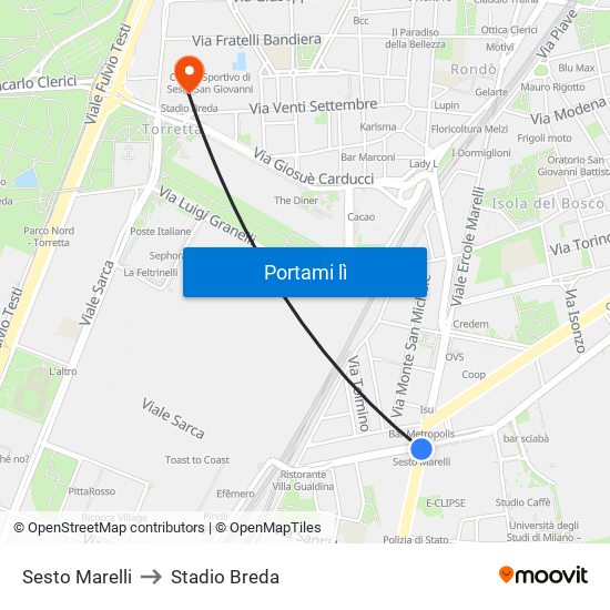 Sesto Marelli to Stadio Breda map