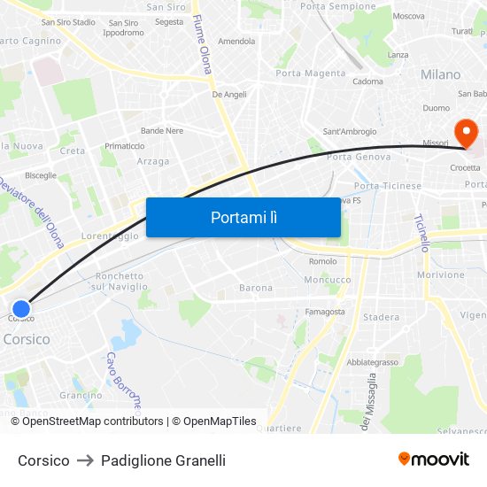 Corsico to Padiglione Granelli map