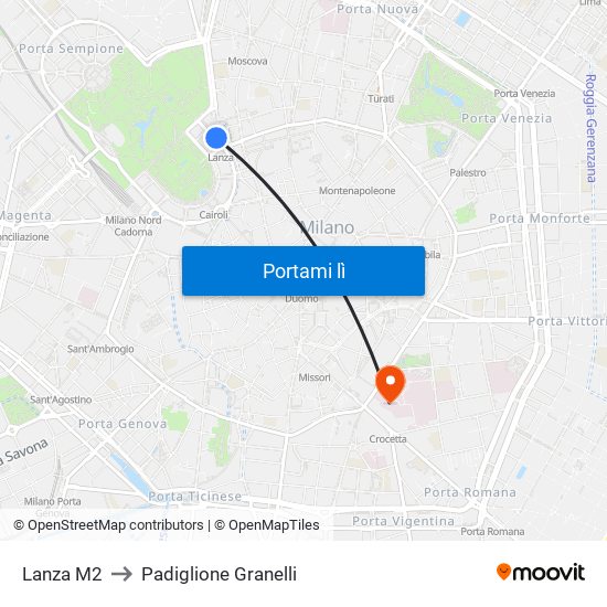 Lanza M2 to Padiglione Granelli map