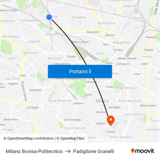 Milano Bovisa-Politecnico to Padiglione Granelli map