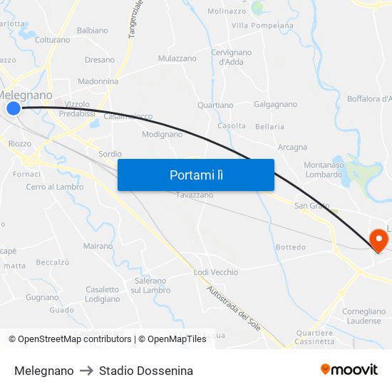 Melegnano to Stadio Dossenina map