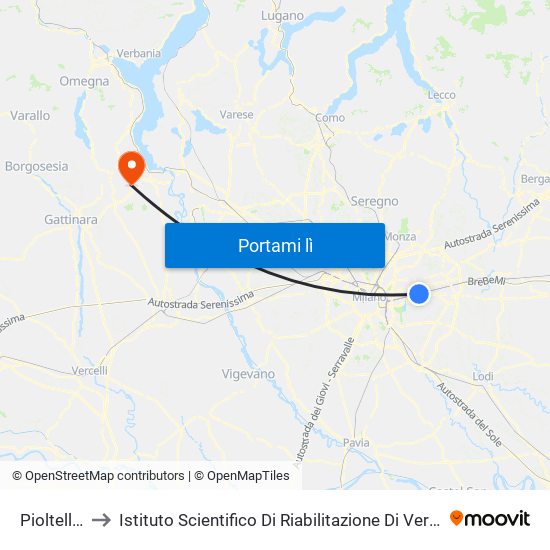 Pioltello-Limito to Istituto Scientifico Di Riabilitazione Di Veruno - Fondazione Salvatore Maugeri map