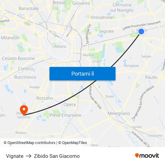 Vignate to Zibido San Giacomo map