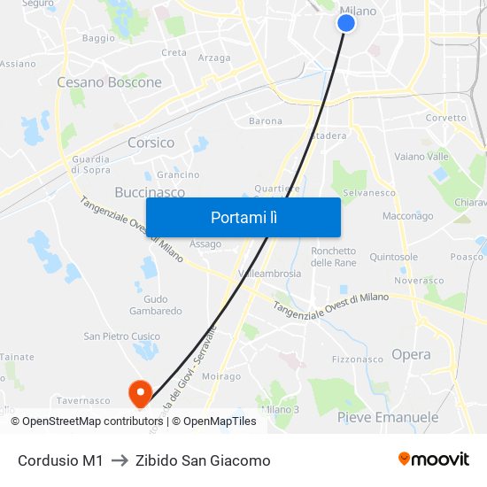 Cordusio M1 to Zibido San Giacomo map