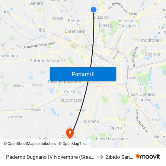 Paderno Dugnano IV Novembre (Staz Fnm) (Sc. Elem. De Marchi) to Zibido San Giacomo map