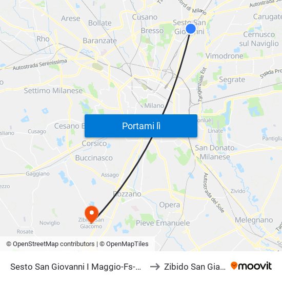 Sesto San Giovanni I Maggio-Fs-Stallo Z221 to Zibido San Giacomo map