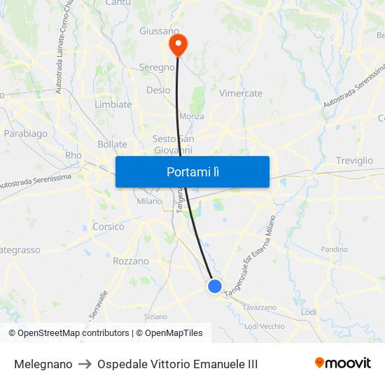 Melegnano to Ospedale Vittorio Emanuele III map