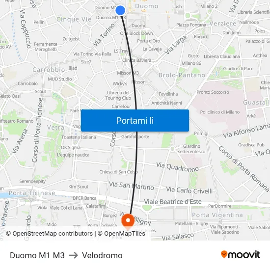 Duomo M1 M3 to Velodromo map