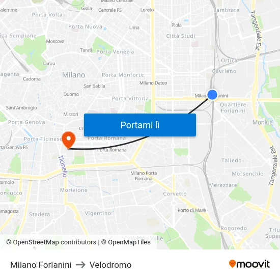 Milano Forlanini to Velodromo map