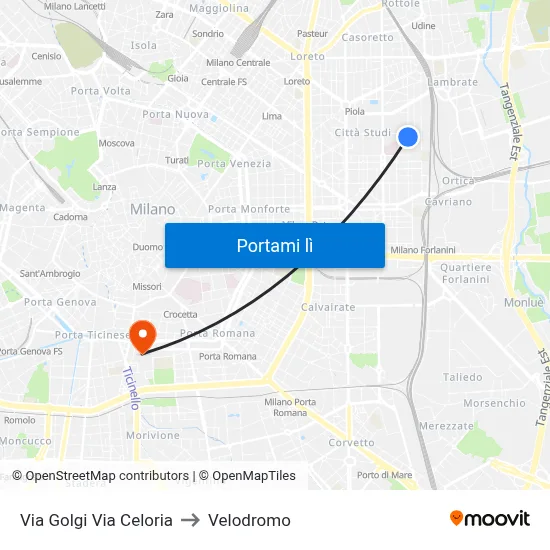 Via Golgi Via Celoria to Velodromo map