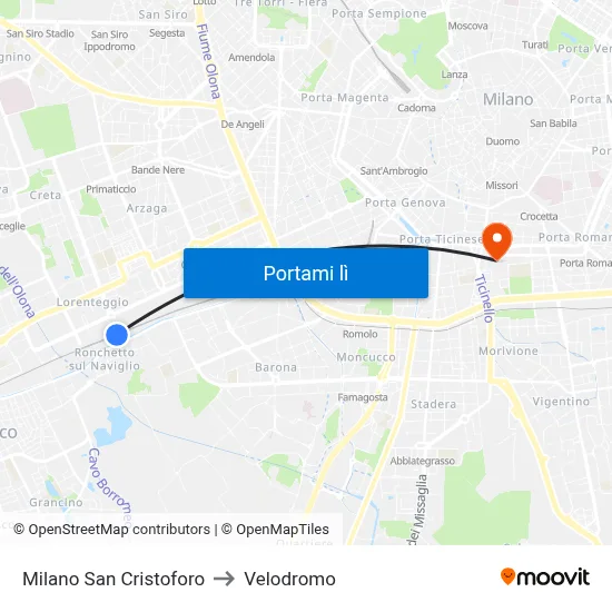 Milano San Cristoforo to Velodromo map