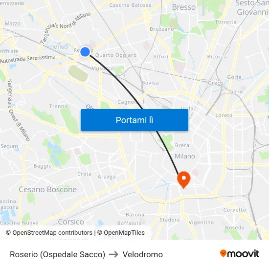 Roserio (Ospedale Sacco) to Velodromo map
