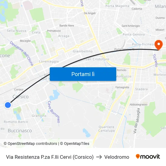 Via Resistenza P.za F.lli Cervi (Corsico) to Velodromo map