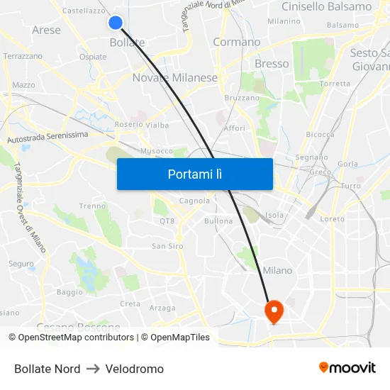 Bollate Nord to Velodromo map