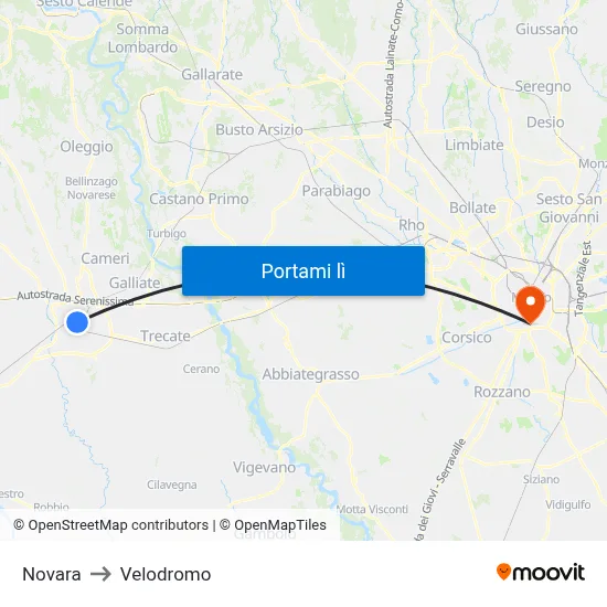 Novara to Velodromo map