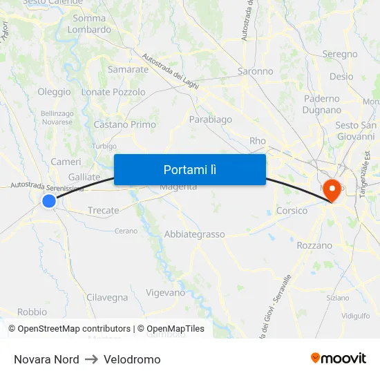 Novara Nord to Velodromo map
