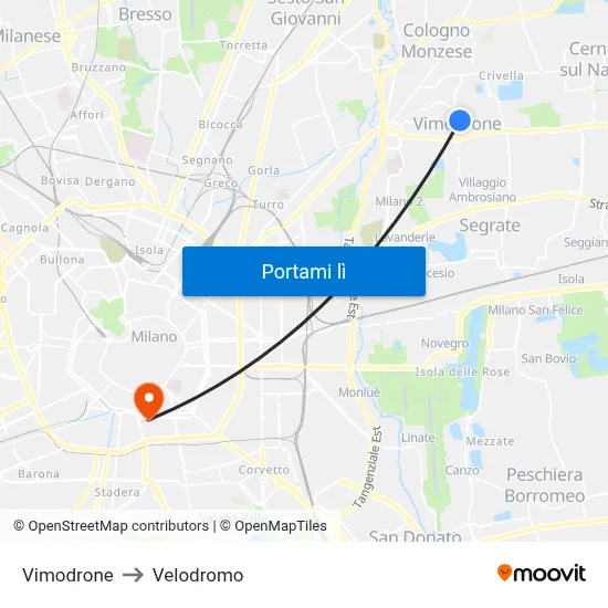 Vimodrone to Velodromo map