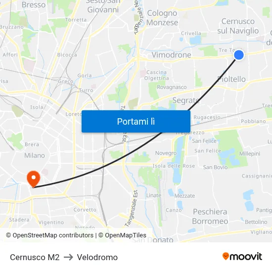 Cernusco M2 to Velodromo map