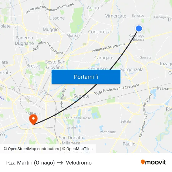 P.za Martiri (Ornago) to Velodromo map