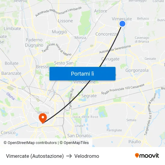 Vimercate (Autostazione) to Velodromo map