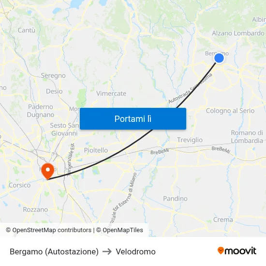 Bergamo (Autostazione) to Velodromo map