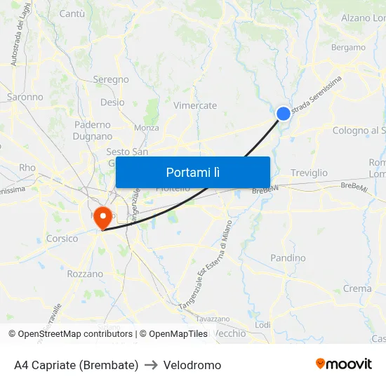A4 Capriate (Brembate) to Velodromo map