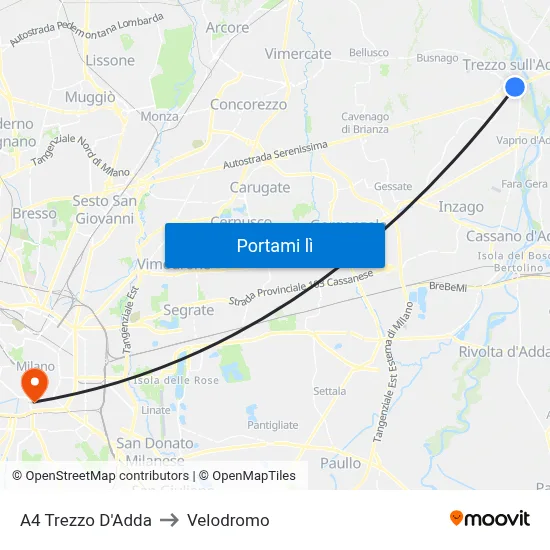 A4 Trezzo D'Adda to Velodromo map