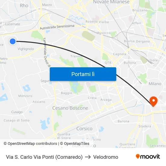 Via S. Carlo Via Ponti (Cornaredo) to Velodromo map