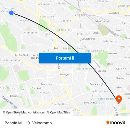 Bonola M1 to Velodromo map