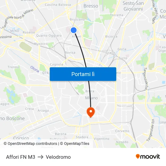 Affori FN M3 to Velodromo map