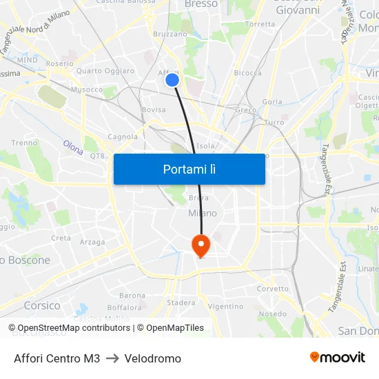 Affori Centro M3 to Velodromo map