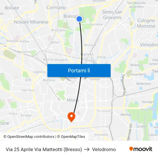 Via 25 Aprile Via Matteotti (Bresso) to Velodromo map