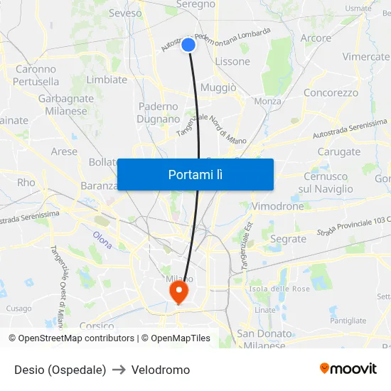 Desio (Ospedale) to Velodromo map