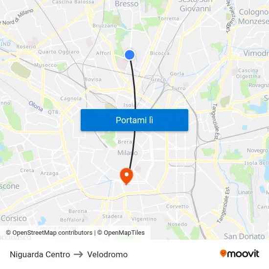 Niguarda Centro to Velodromo map