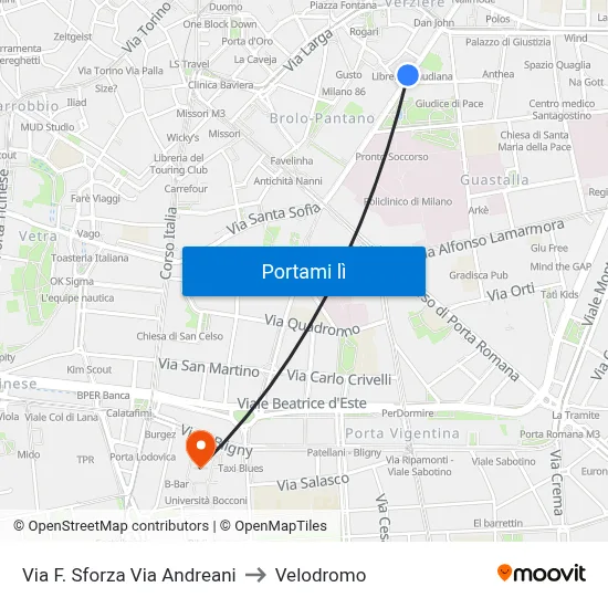 Via F. Sforza Via Andreani to Velodromo map