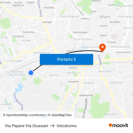 Via Pepere Via Giussani to Velodromo map