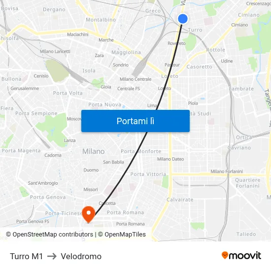 Turro M1 to Velodromo map