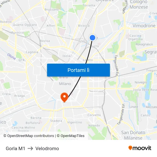 Gorla M1 to Velodromo map