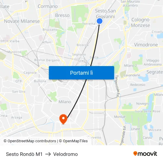 Sesto Rondò M1 to Velodromo map