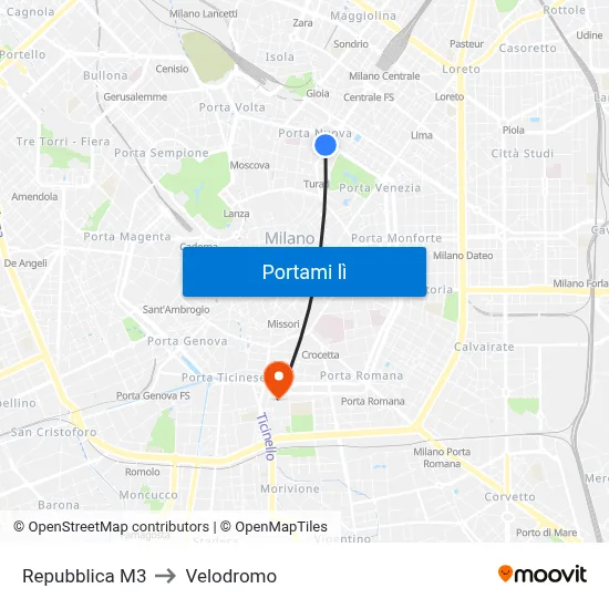 Repubblica M3 to Velodromo map