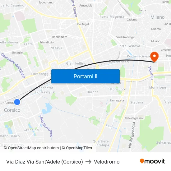 Via Diaz Via Sant'Adele (Corsico) to Velodromo map