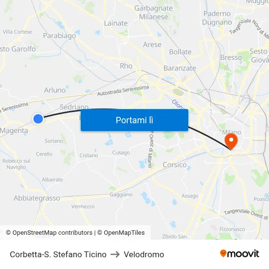 Corbetta-S. Stefano Ticino to Velodromo map
