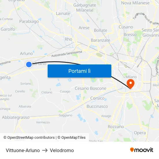 Vittuone-Arluno to Velodromo map