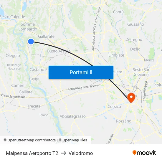 Malpensa Aeroporto T2 to Velodromo map