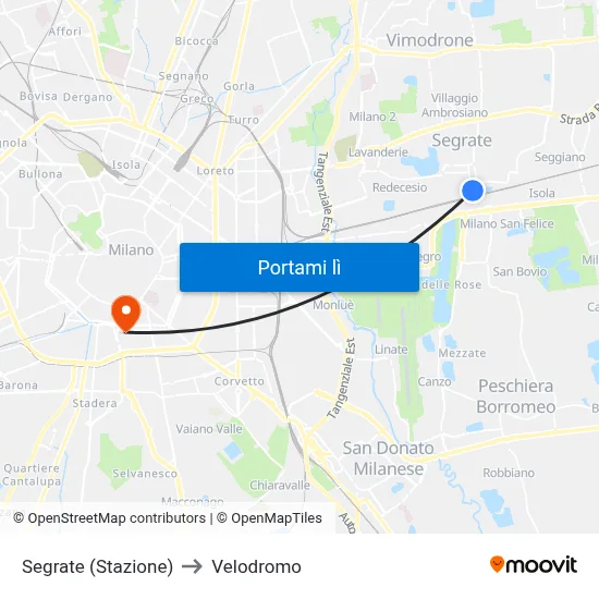 Segrate (Stazione) to Velodromo map