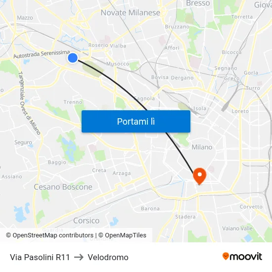 Via Pasolini R11 to Velodromo map