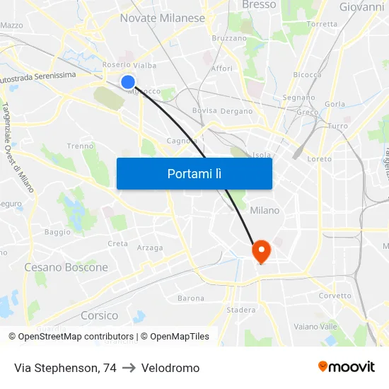 Via Stephenson, 74 to Velodromo map