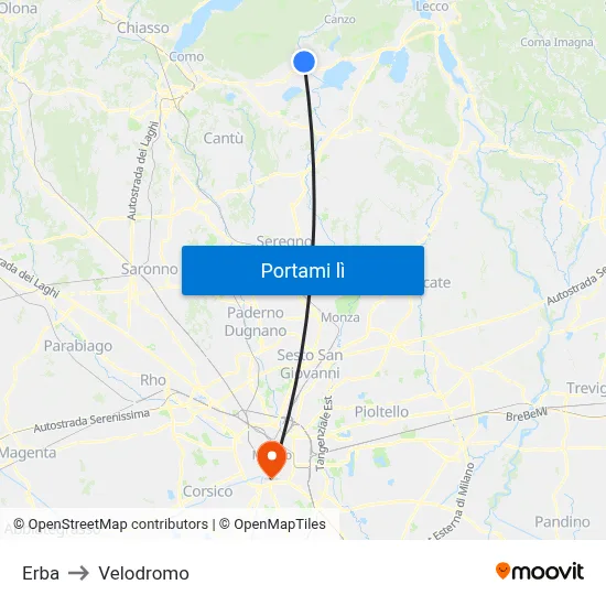 Erba to Velodromo map
